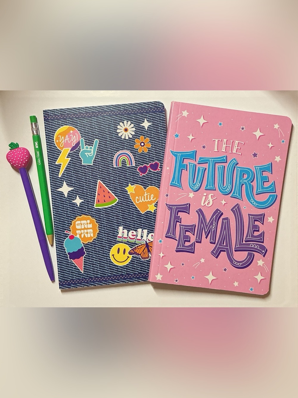 Future is Female & Rockstar Notebook Set - Strawberry Top Pen & Green Pencil